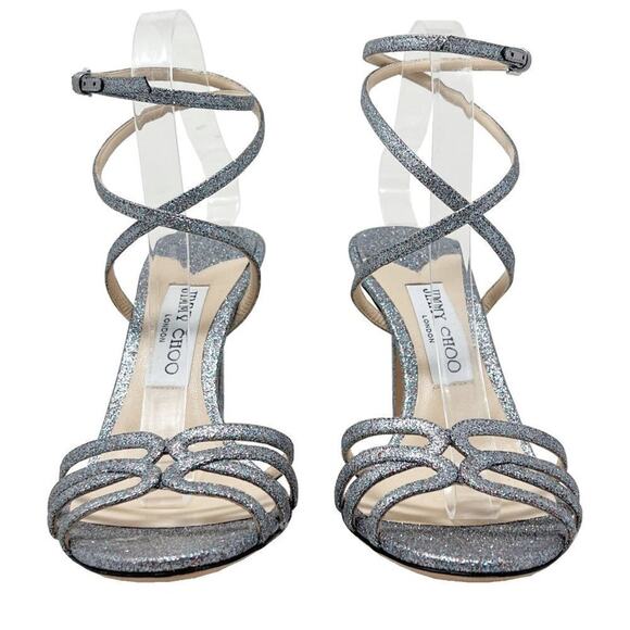 Jimmy Choo Mimi 100 Glitter Silver Strappy Stiletto Sandals Size 39 - Picture 4 of 8
